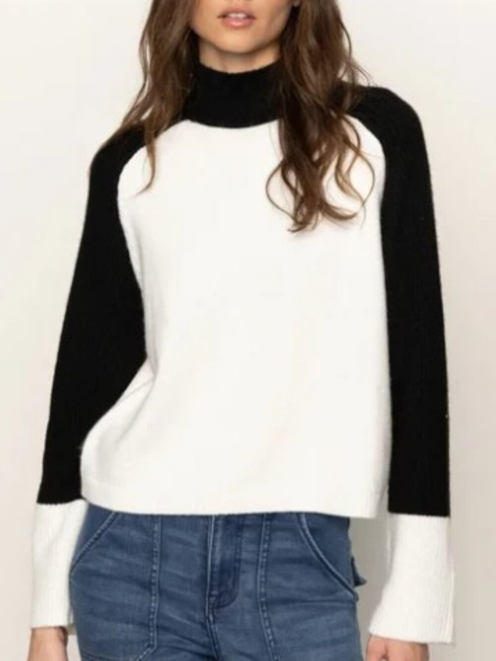 ANTHROPOLOGIE Sanctuary Downtown Mock Neck Sweater Black Chalk Colorblock NWT